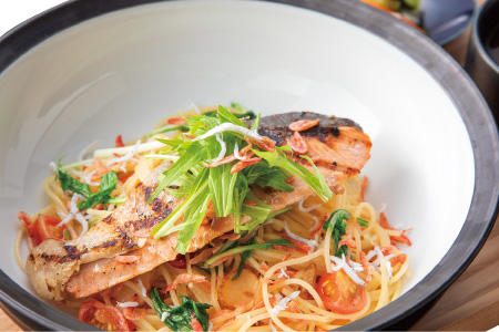 Grilled salmon and whitefish with Japanese style shrimp pasta